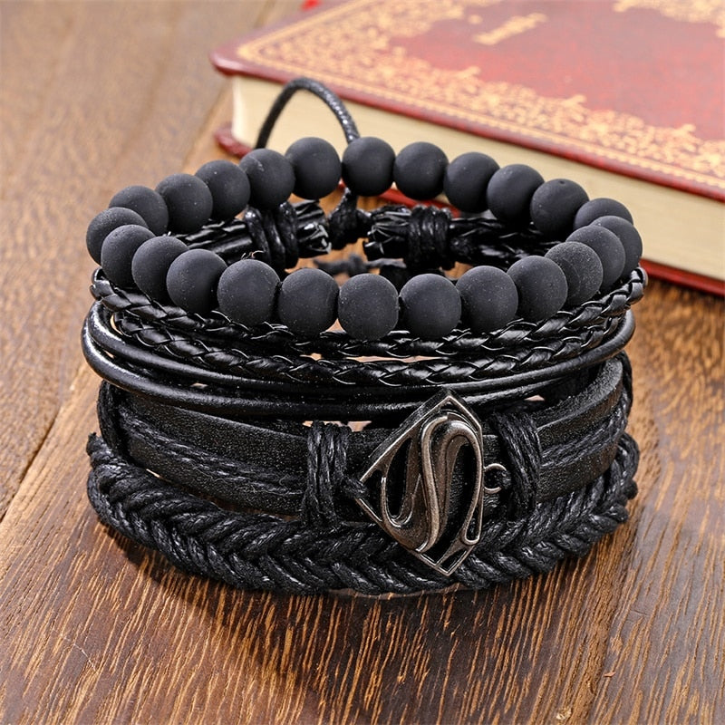 IFMIA Vintage Black Bead Bracelets For Men Fashion Hollow Triangle Leather Bracelet & Bangles Multilayer Wide Wrap Jewelry 2020