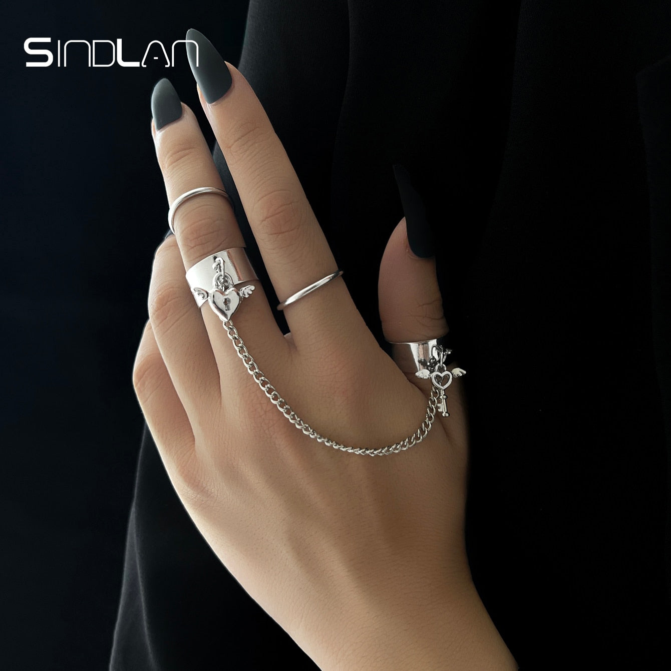 Sindlan Punk Geometric Silver Color Chain Wrist Bracelet for Men Ring Charm Set Couple Emo Fashion Jewelry Gifts Pulsera Mujer