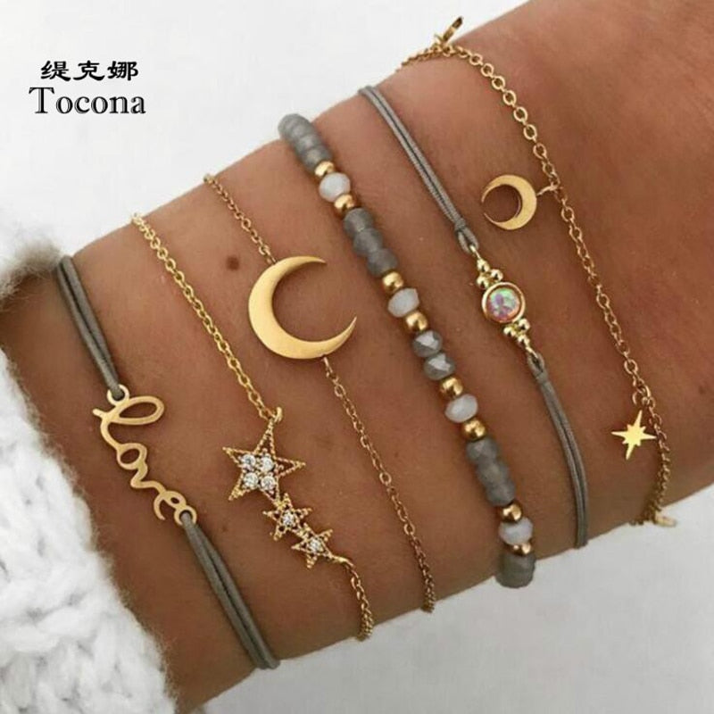 Tocona Bohemia Love Moon Bracelets for Women Charms Bead Gold Star Clear Crystal Stone Letter Rope Jewelry Accessories 6523