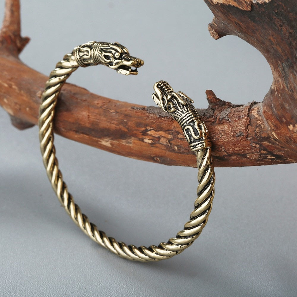 Kinitial Men Nordic Viking Dragon Bangle Antique Jewelry Silver Color Bronze Open Cuff Bracelet Scandinavian Costume Accessories