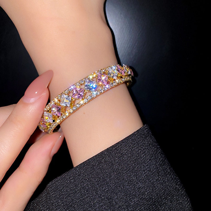 FYUAN Geometric Zircon Bracelet &amp; Bangles For Women Pink Green Crystal Cuff Bracelets Weddings Party Jewelry