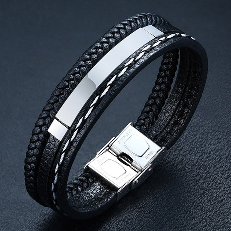 Vnox Multi Layer Leather Bracelets for Men Women Customizable Engraving Stainless Steel Casual Personalized Bangle