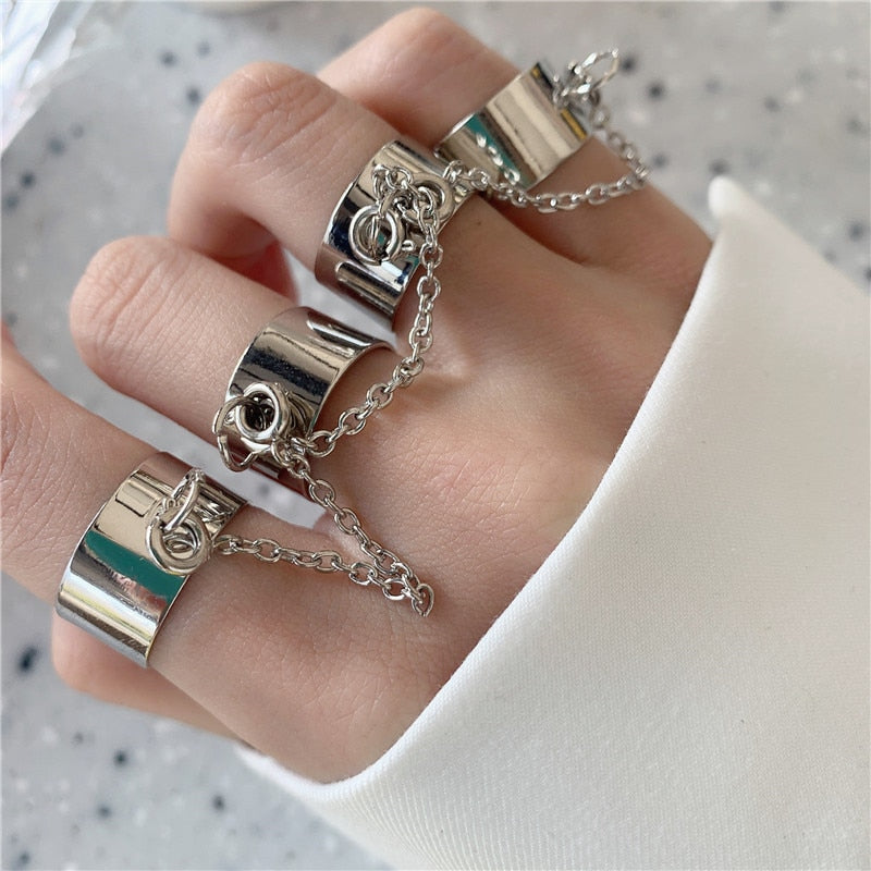 Sindlan Punk Geometric Silver Color Chain Wrist Bracelet for Men Ring Charm Set Couple Emo Fashion Jewelry Gifts Pulsera Mujer