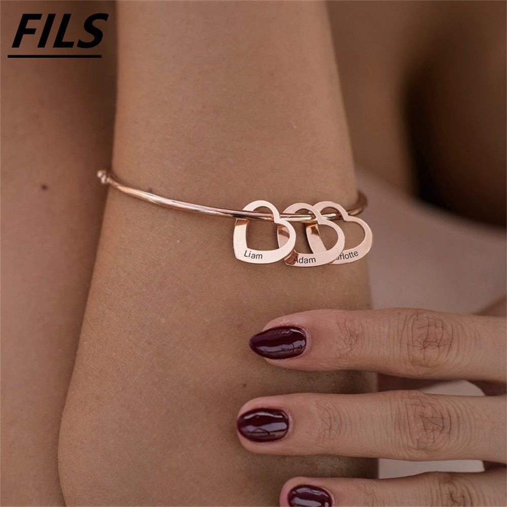 Fils New Custom Engraving Name Heart Charms Bracelets for Women Personalized Stainless Steel Customized Bangle DIY Jewelry Gift