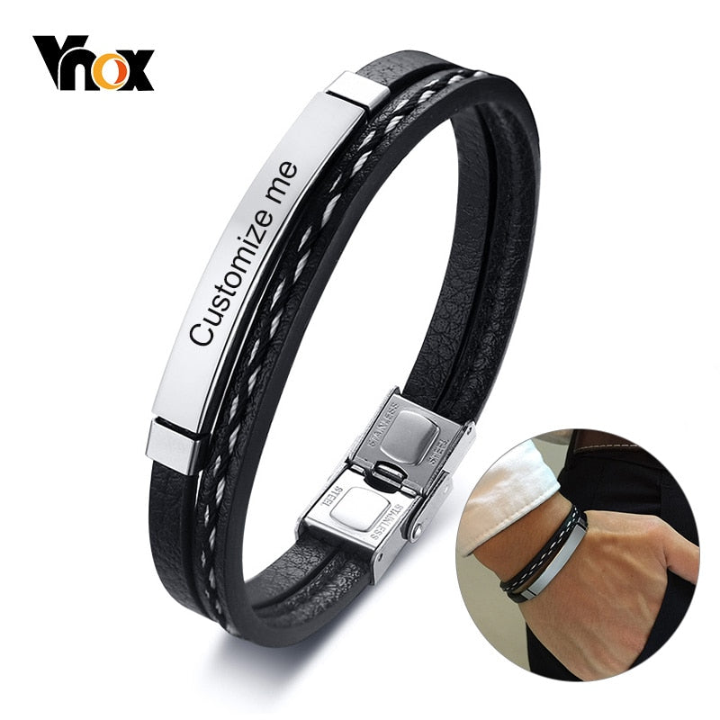 Vnox Multi Layer Leather Bracelets for Men Women Customizable Engraving Stainless Steel Casual Personalized Bangle