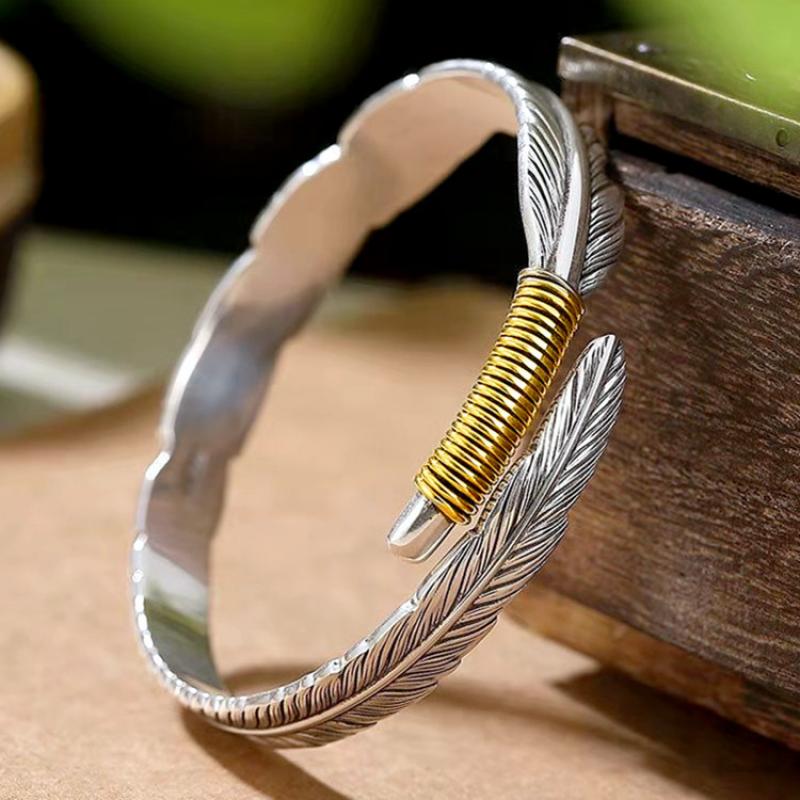 Silver Color Feather Bracelet for Men Women Vintage Gold Plated Cuff Bangle Fashion Bracelet