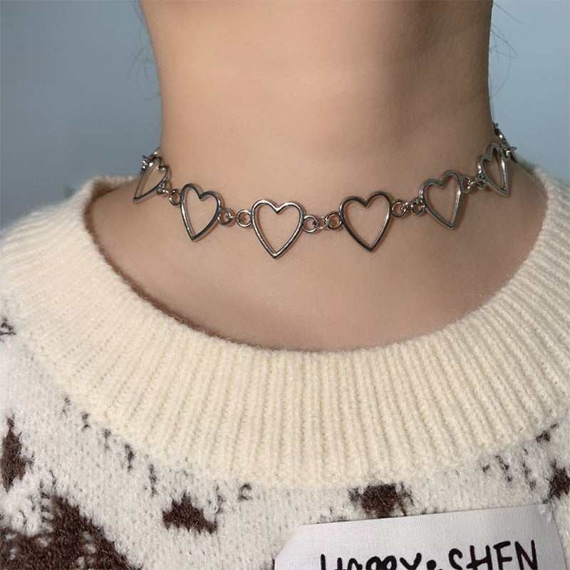 New Hollow Korean Sweet Love Heart Choker Necklace Statement Girlfriend Gift Cute Bicolor Necklace Jewelry Collier Femme 2022