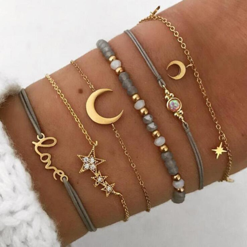 Tocona Bohemia Love Moon Bracelets for Women Charms Bead Gold Star Clear Crystal Stone Letter Rope Jewelry Accessories 6523