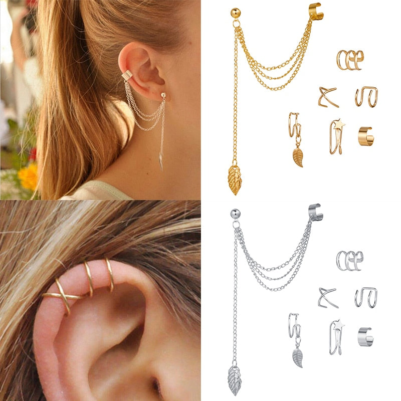 LATS Gold Leaves Ear Cuff Black Non-Piercing Ear Clip Earrings for Women Men Fake Cartilage Earring Cuff Trend Jewelry Wholesale