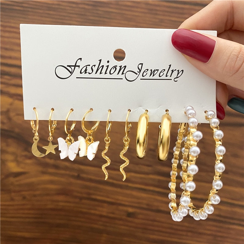 Trendy Exquisite Pearl Metal Earrings Set for Women Geometric Circle Dangle Drop Earrings Acrylic Earring Sets Fashion Jewelry